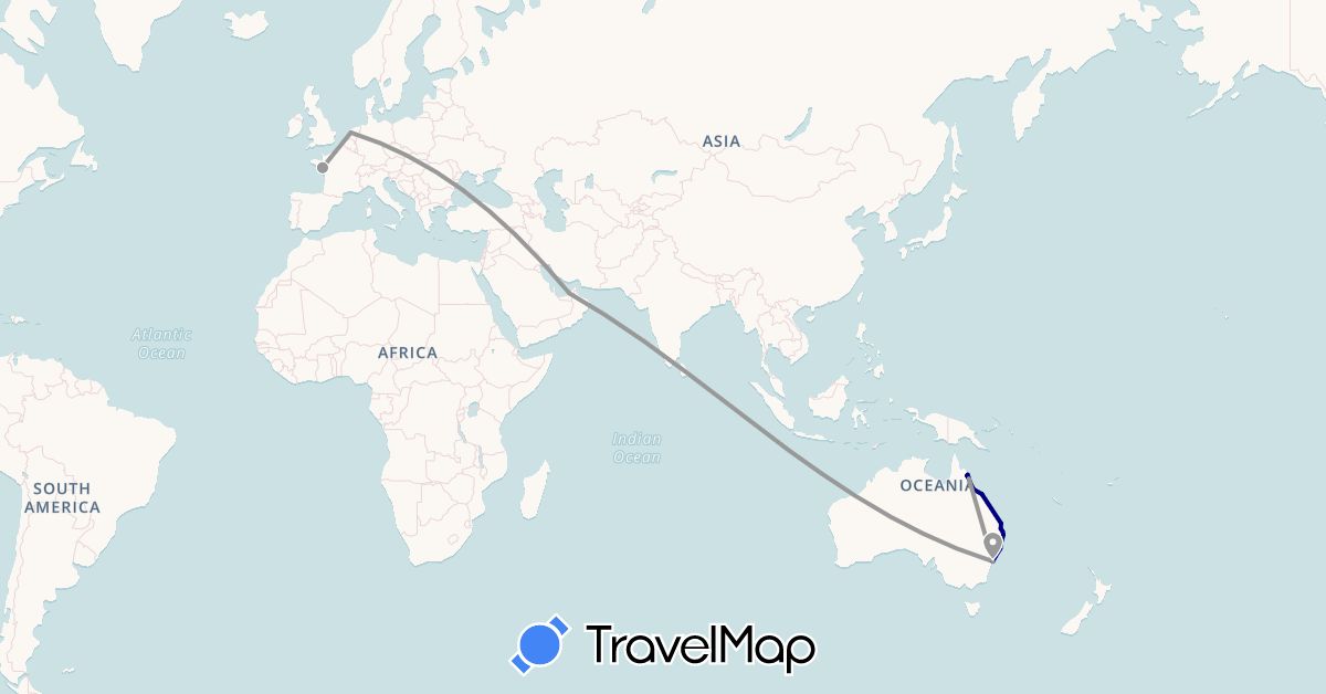 TravelMap itinerary: driving, plane in United Arab Emirates, Australia, France, Netherlands (Asia, Europe, Oceania)